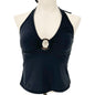 Halter Tankini Swimwear Top Womens Size Small Black With Ring Accent Tie Closure