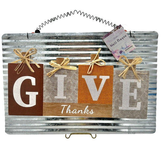 Give Thanks Metal Wall Plaque 14"W x 9.5"H Rustic Decor By Gather NWT