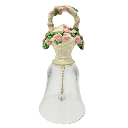 1994 Basket Of Hearts Bell With Pink Heart Flowers Clear Glass Body 5" Tall