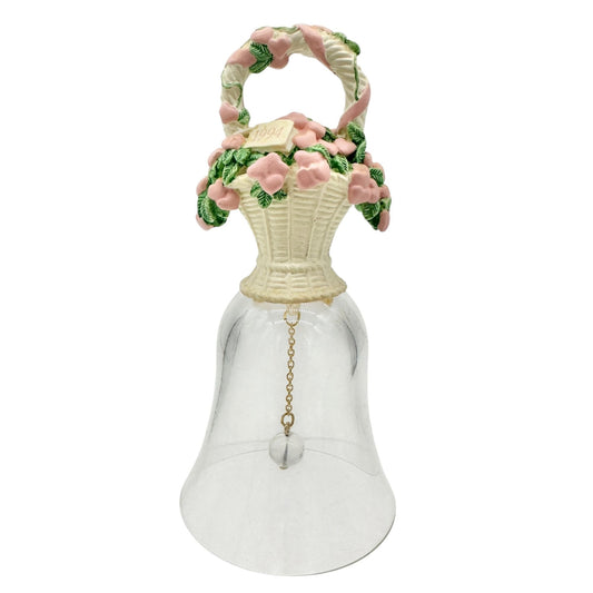 1994 Basket Of Hearts Bell With Pink Heart Flowers Clear Glass Body 5" Tall