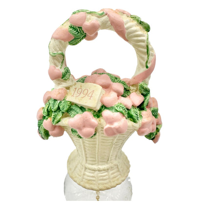 1994 Basket Of Hearts Bell With Pink Heart Flowers Clear Glass Body 5" Tall