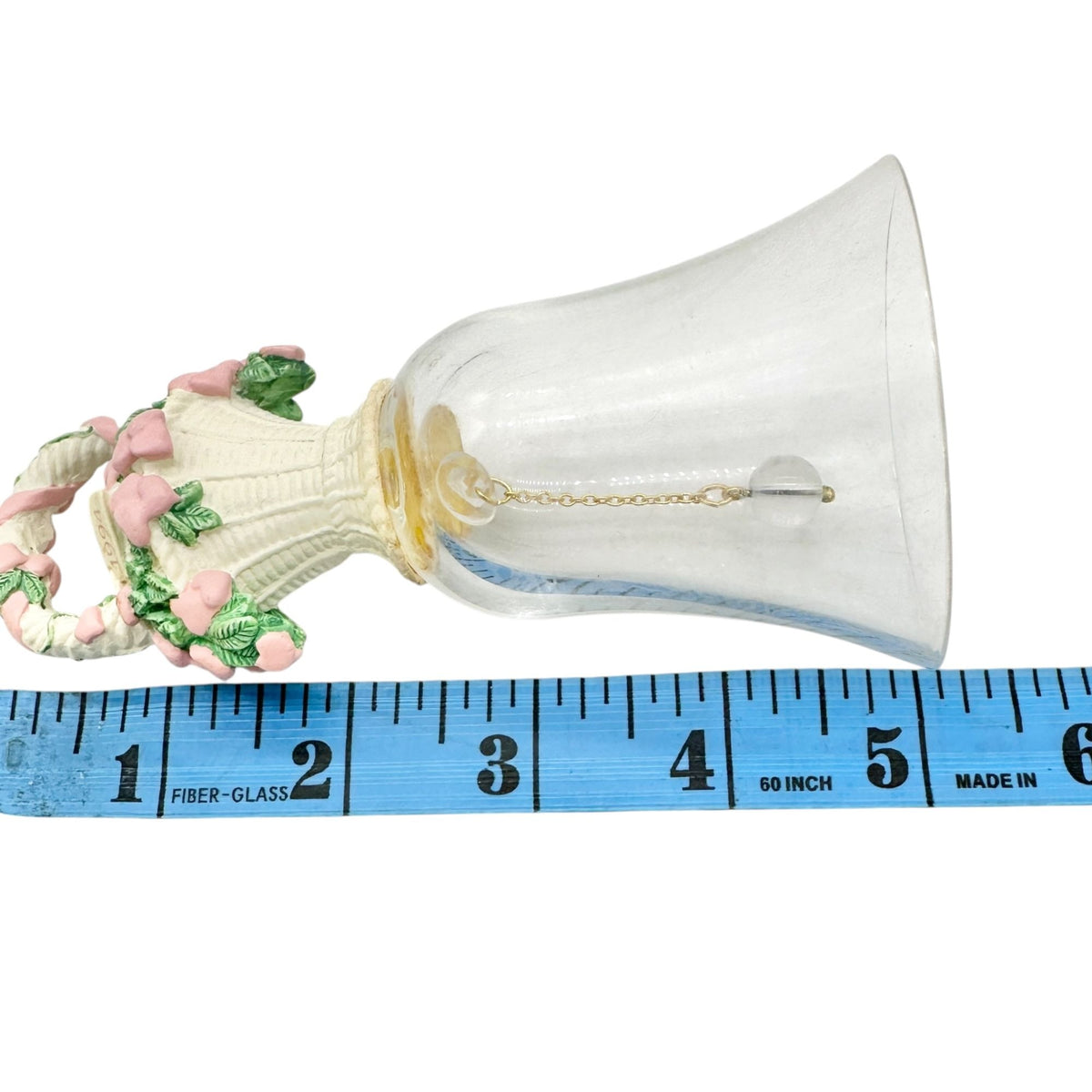 1994 Basket Of Hearts Bell With Pink Heart Flowers Clear Glass Body 5" Tall