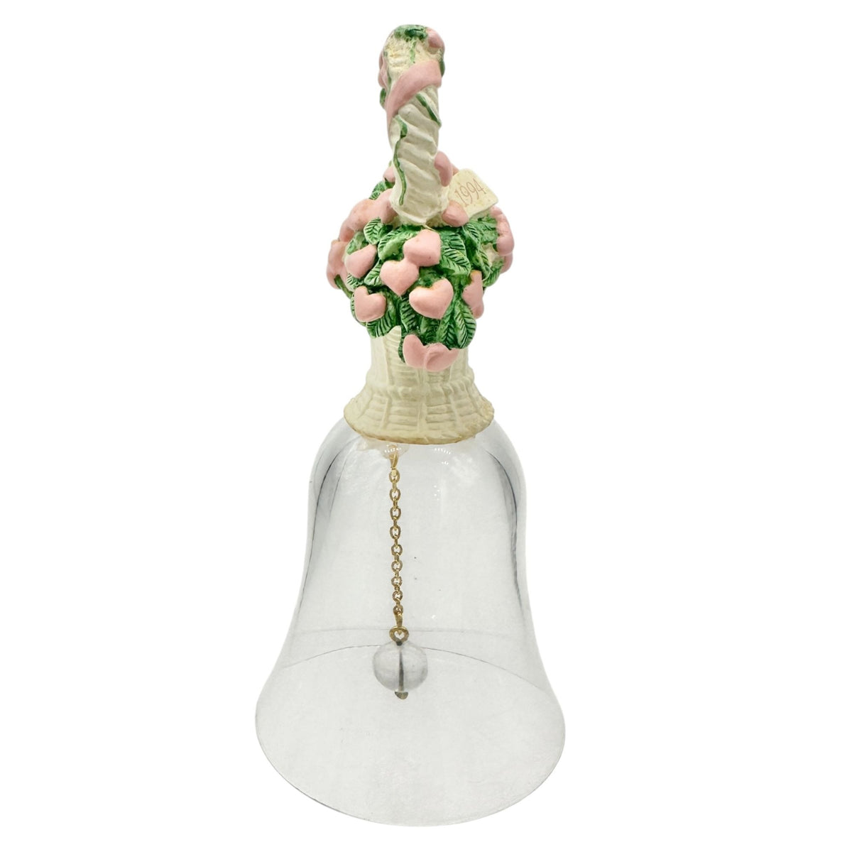 1994 Basket Of Hearts Bell With Pink Heart Flowers Clear Glass Body 5" Tall