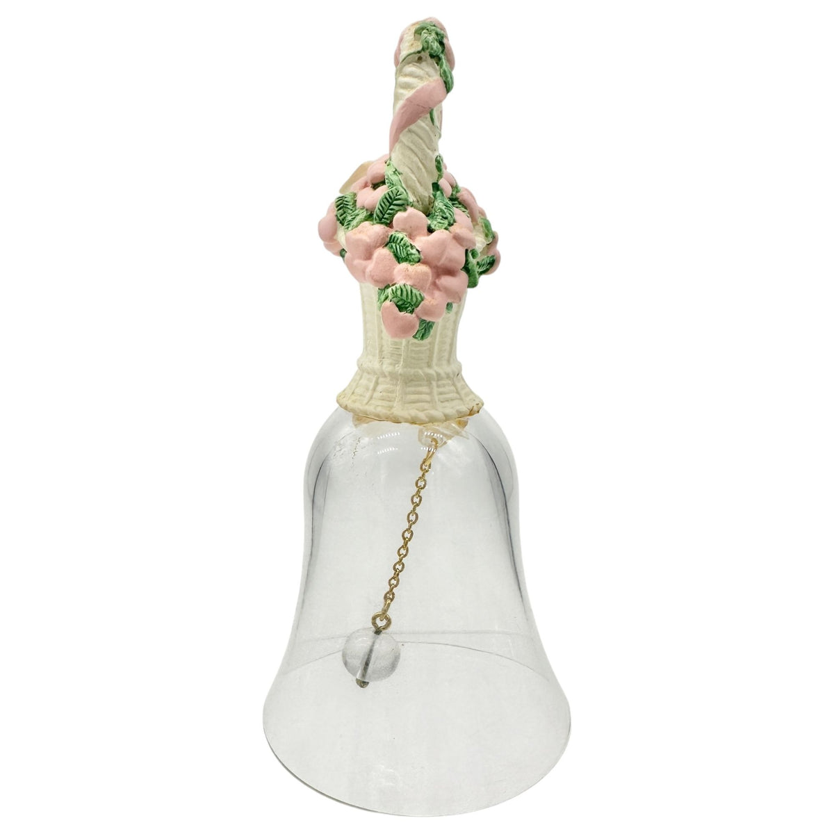 1994 Basket Of Hearts Bell With Pink Heart Flowers Clear Glass Body 5" Tall