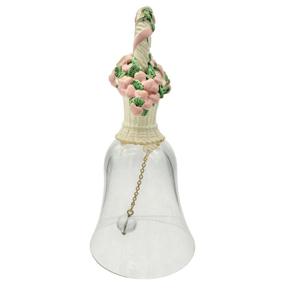 1994 Basket Of Hearts Bell With Pink Heart Flowers Clear Glass Body 5" Tall