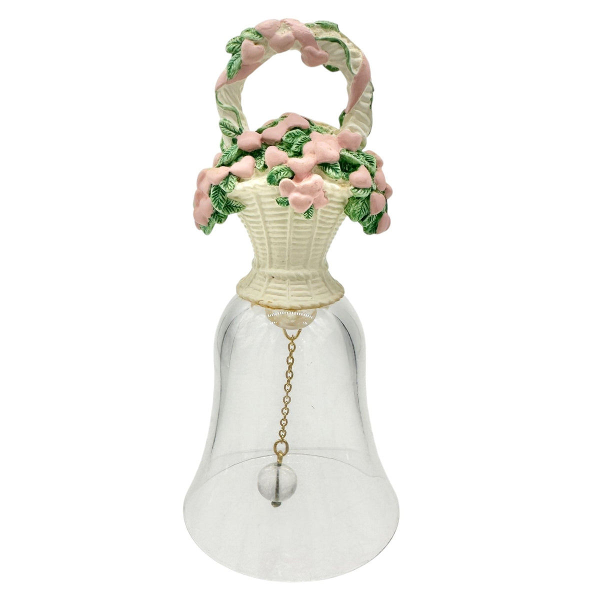 1994 Basket Of Hearts Bell With Pink Heart Flowers Clear Glass Body 5" Tall