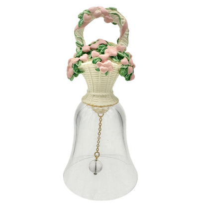 1994 Basket Of Hearts Bell With Pink Heart Flowers Clear Glass Body 5" Tall
