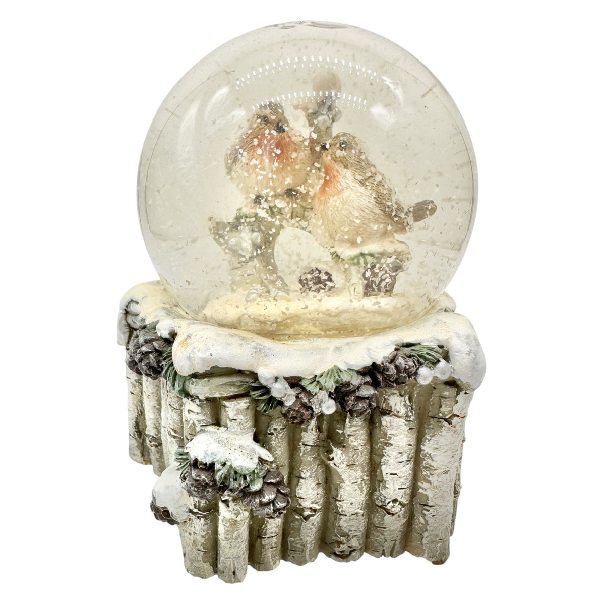 Holiday Bird Snowglobe With Rustic Birch Base 3.5 Inches Christmas Winter Decor