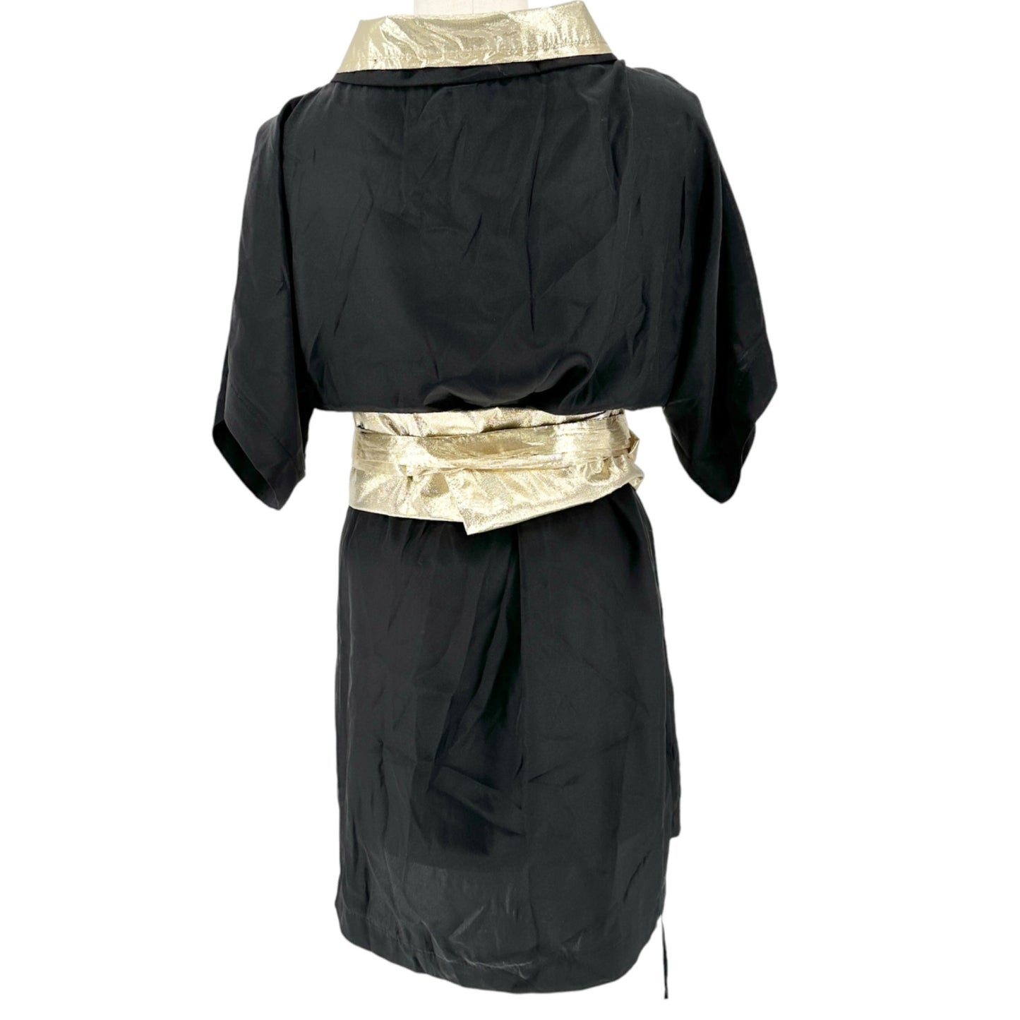Native Rose Vintage Kimono Dress Womens 8 Black Gold Silk Lined Made in USA NYC