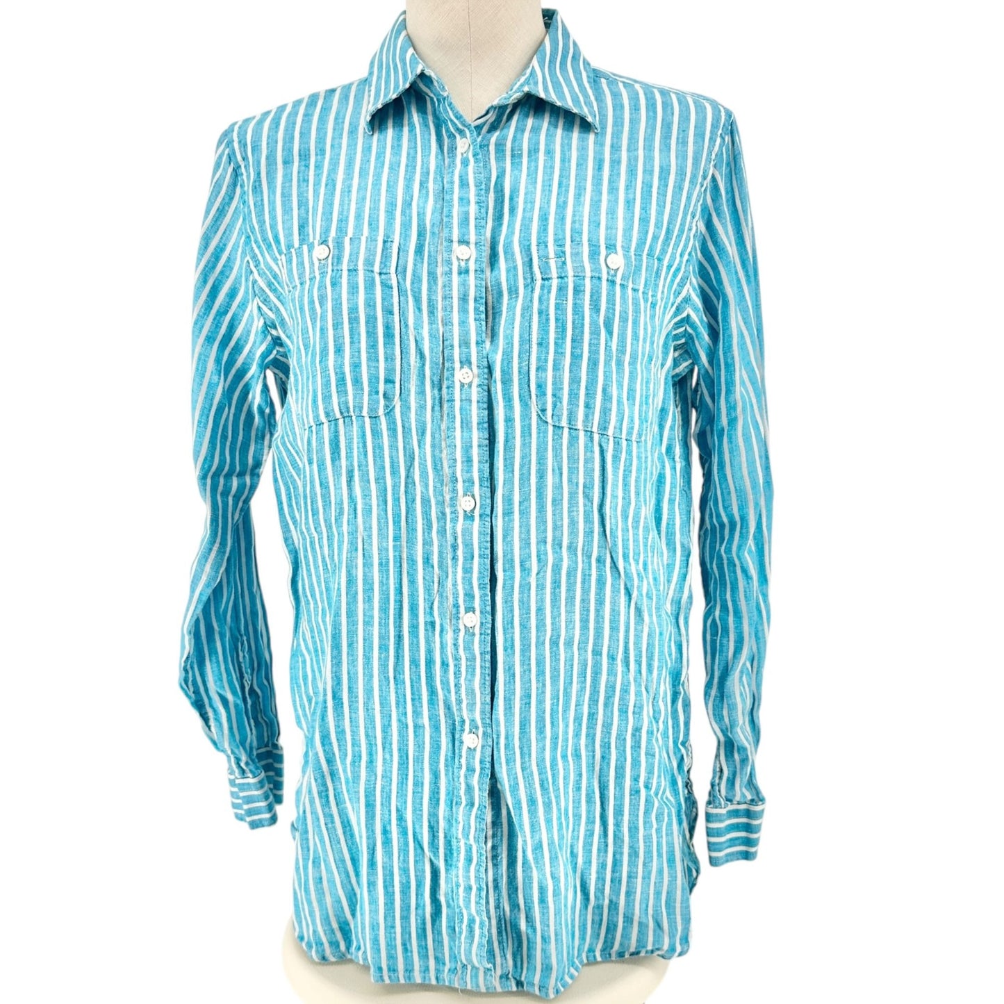 Lauren Ralph Lauren Button Up Shirt Womens L Blue White Striped LS Cotton Blend