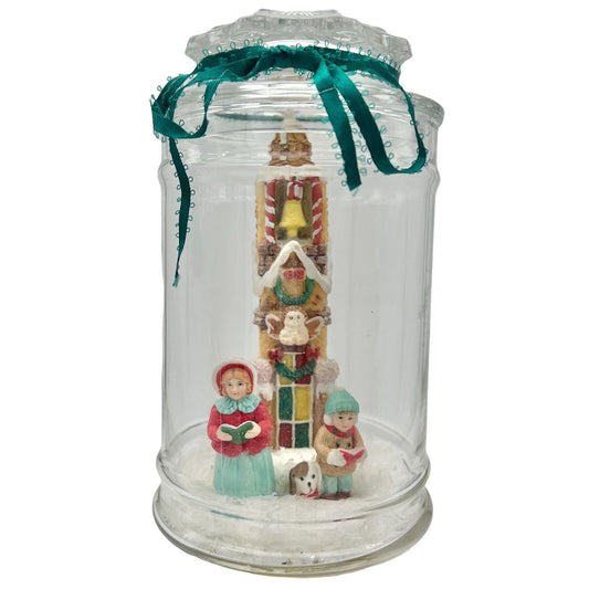 Handcrafted Glass Lidded Jar Christmas Snow Scene Carolers Gingerbread Church