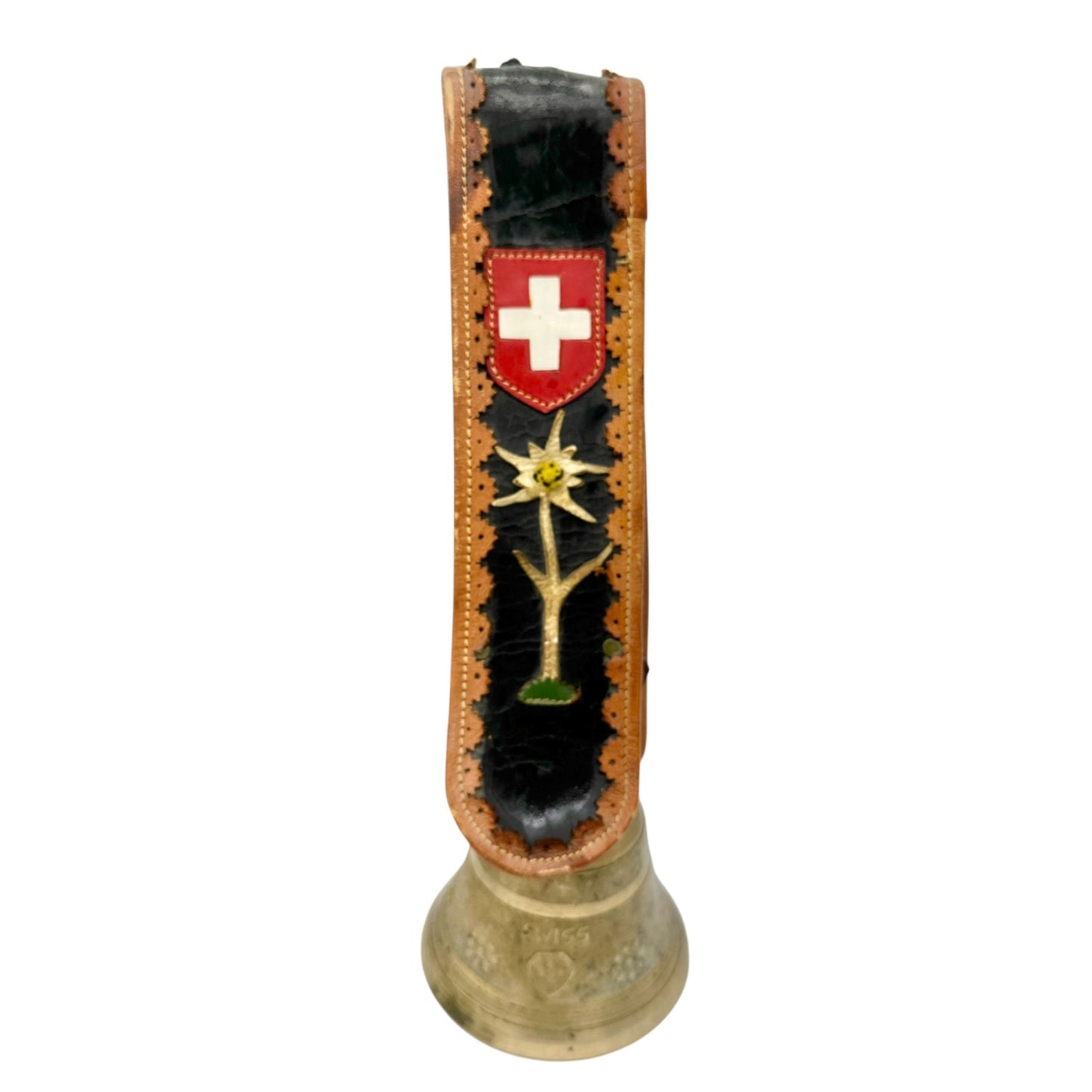 Vintage Swiss Gusset Brass Cow Bell With Edelweiss and Original Leather Strap