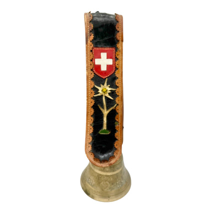 Vintage Swiss Gusset Brass Cow Bell With Edelweiss and Original Leather Strap