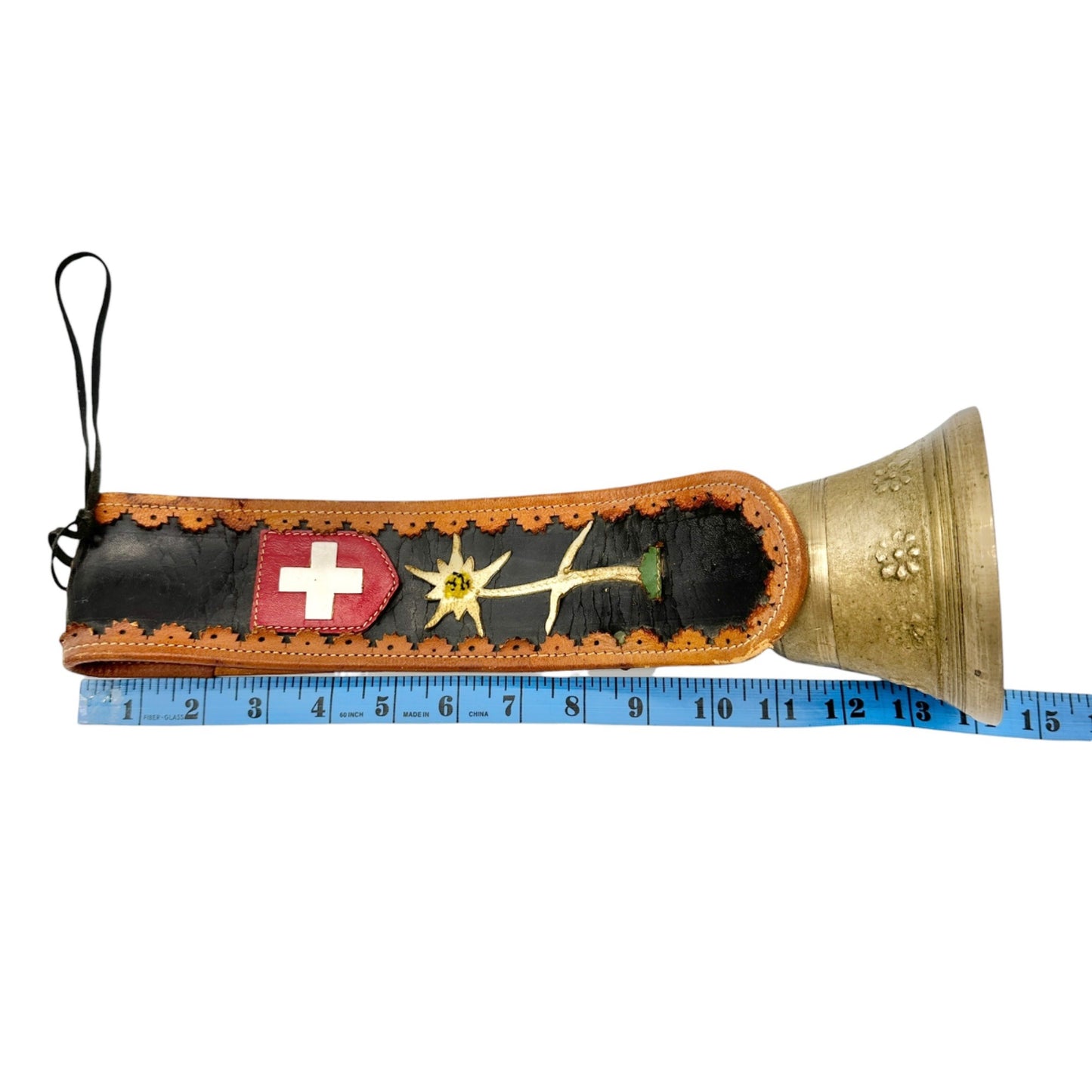 Vintage Swiss Gusset Brass Cow Bell With Edelweiss and Original Leather Strap