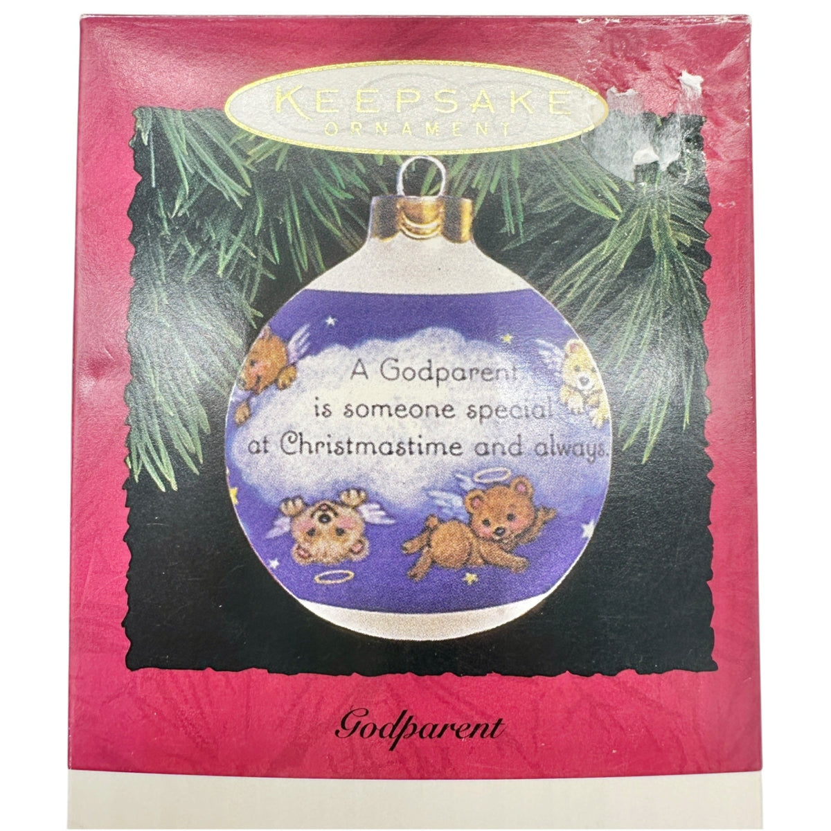 Hallmark Keepsake 1995 Godparent Glass Ornament With Angel Bears and Sentiment