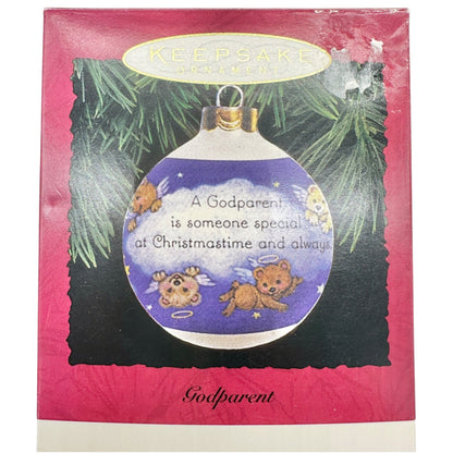 Hallmark Keepsake 1995 Godparent Glass Ornament With Angel Bears and Sentiment