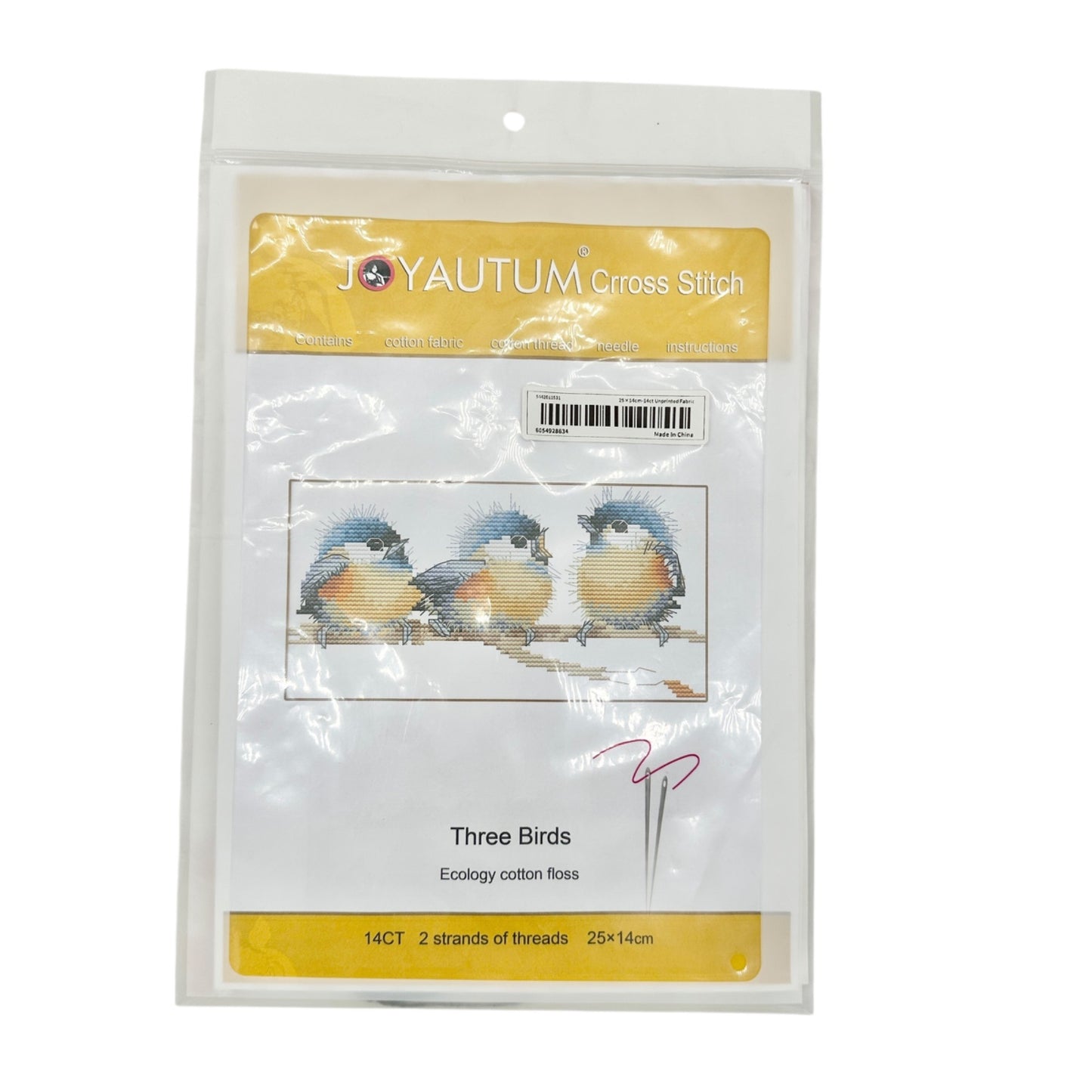 Joyautum Three Birds Cross Stitch Kit With 14CT Unprinted Fabric 25x14cm NIP