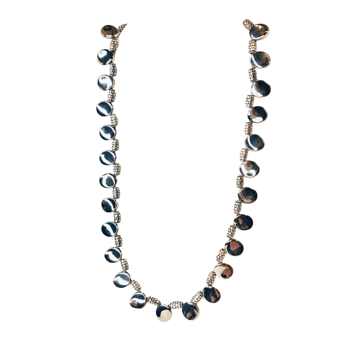Handcrafted SilverTone Disc Beaded Necklace With Textured Accents Toggle Clasp