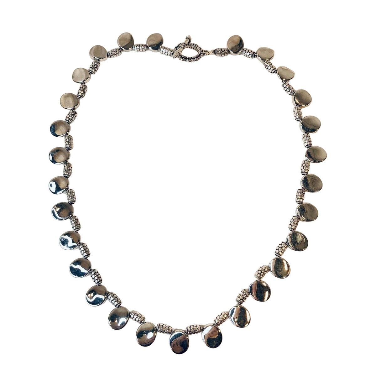 Handcrafted SilverTone Disc Beaded Necklace With Textured Accents Toggle Clasp