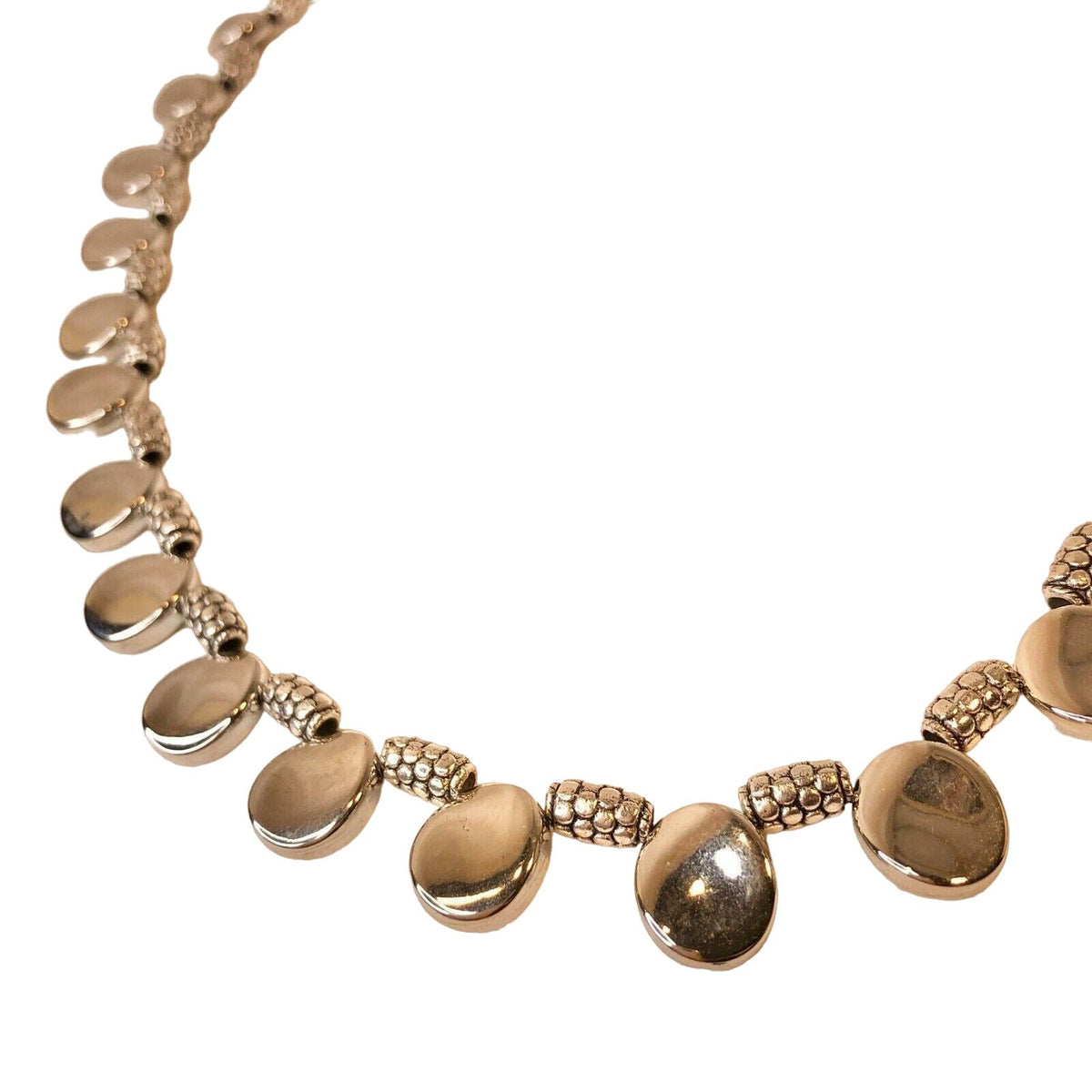 Handcrafted SilverTone Disc Beaded Necklace With Textured Accents Toggle Clasp