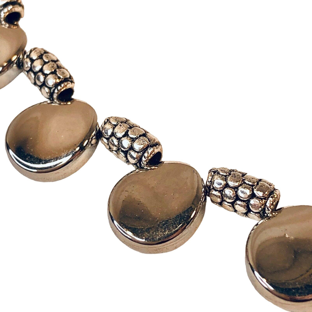 Handcrafted SilverTone Disc Beaded Necklace With Textured Accents Toggle Clasp