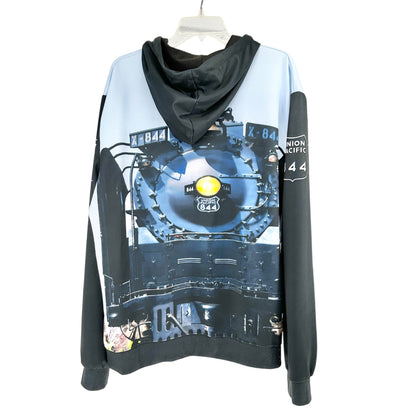 Union Pacific 844 Train Print Hoodie Sweatshirt L Polyester Spandex Black Blue
