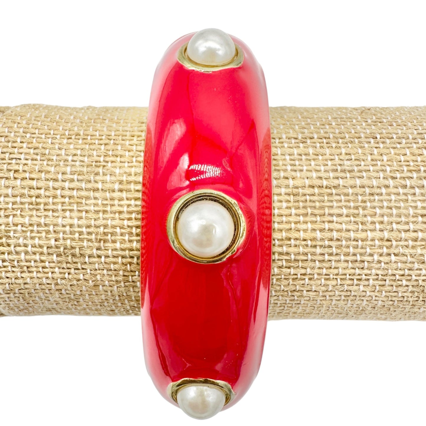 Vintage Red Enamel and Faux Pearl Hinged Bangle Bracelet Gold Accents 7 Inches