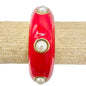 Vintage Red Enamel and Faux Pearl Hinged Bangle Bracelet Gold Accents 7 Inches