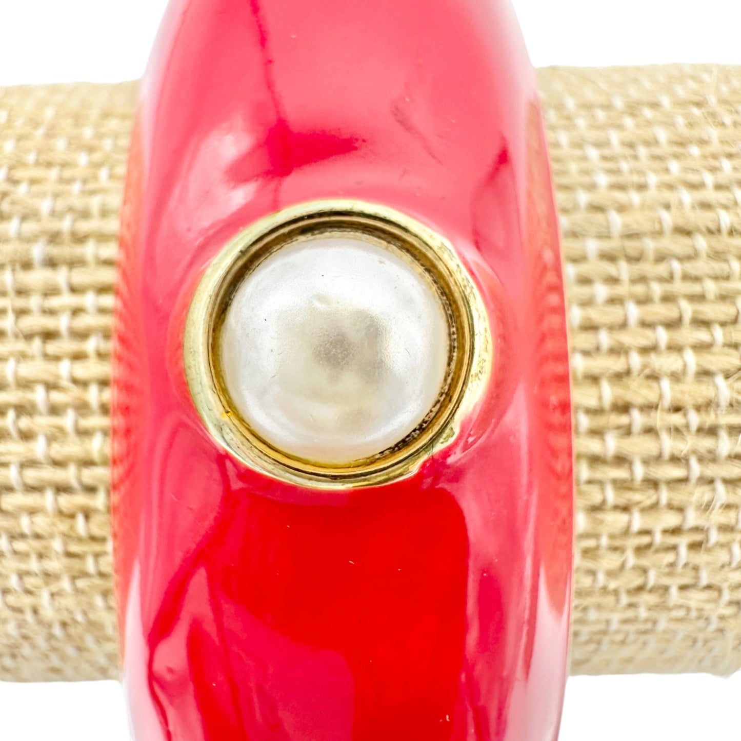 Vintage Red Enamel and Faux Pearl Hinged Bangle Bracelet Gold Accents 7 Inches