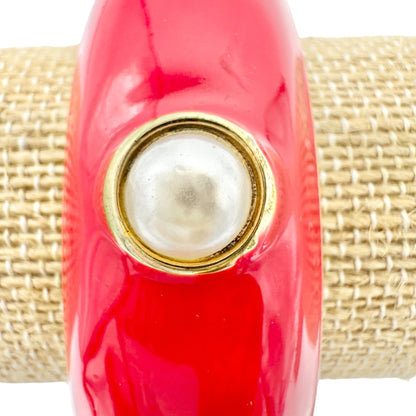 Vintage Red Enamel and Faux Pearl Hinged Bangle Bracelet Gold Accents 7 Inches