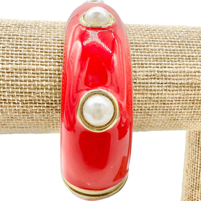 Vintage Red Enamel and Faux Pearl Hinged Bangle Bracelet Gold Accents 7 Inches