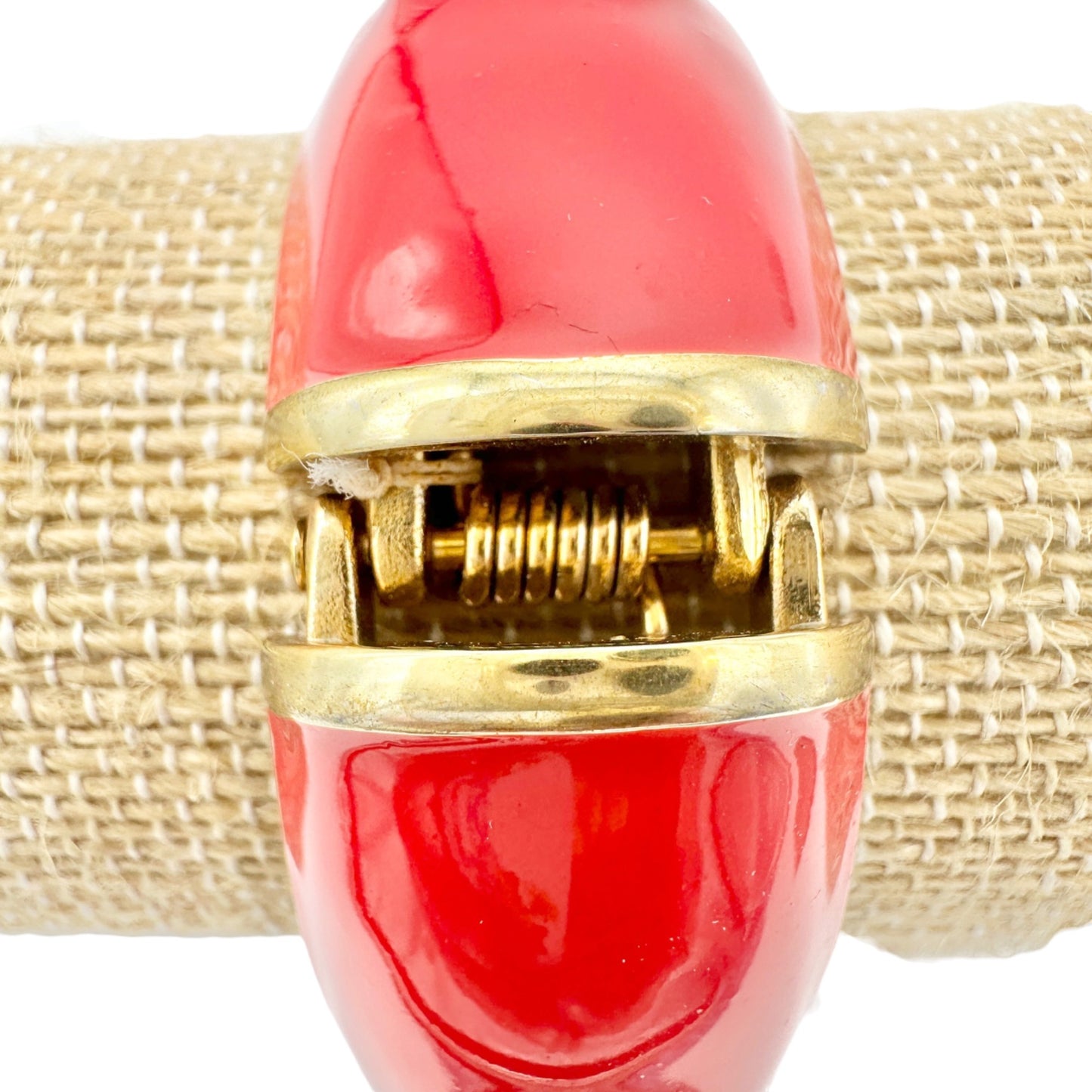 Vintage Red Enamel and Faux Pearl Hinged Bangle Bracelet Gold Accents 7 Inches