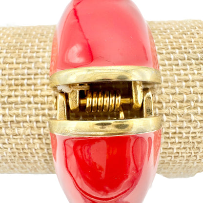 Vintage Red Enamel and Faux Pearl Hinged Bangle Bracelet Gold Accents 7 Inches