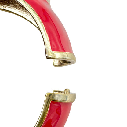 Vintage Red Enamel and Faux Pearl Hinged Bangle Bracelet Gold Accents 7 Inches