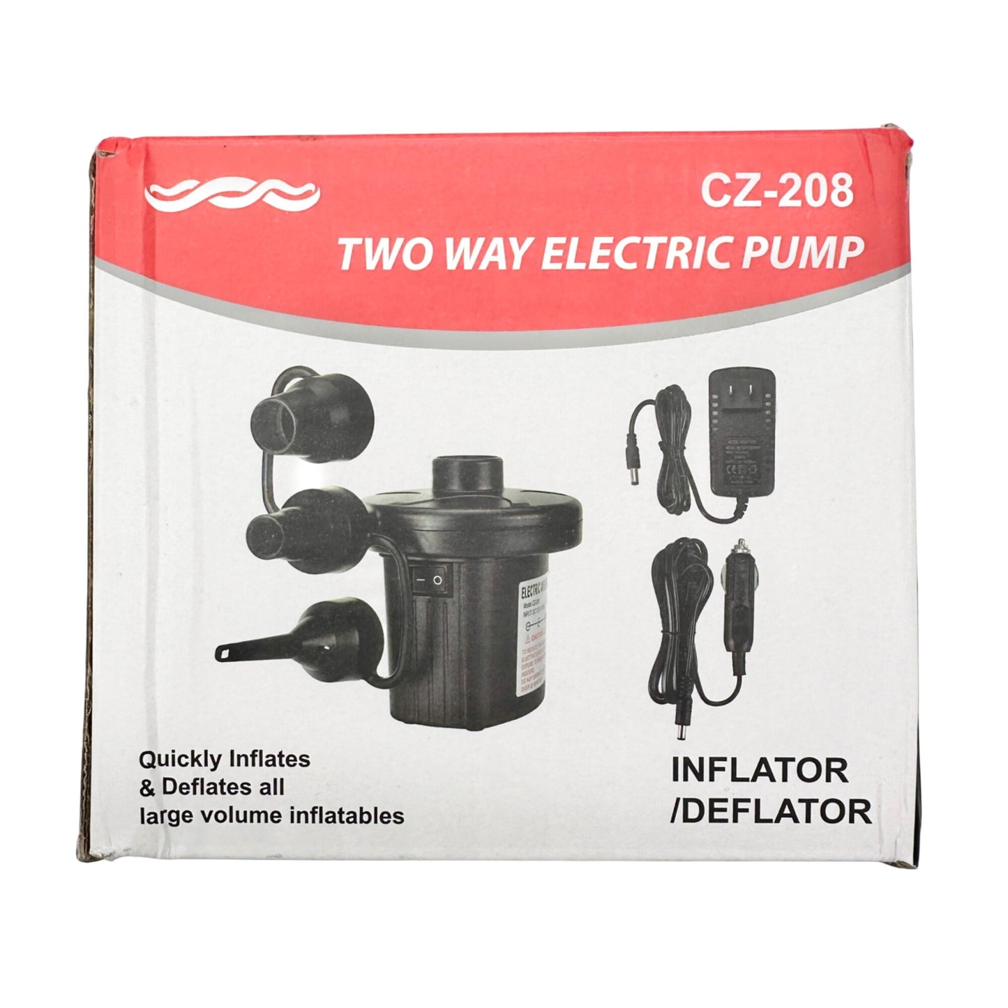2 Way Electric Air Pump Inflator/Deflator CZ-208 3 Nozzles Adapters Lightweight