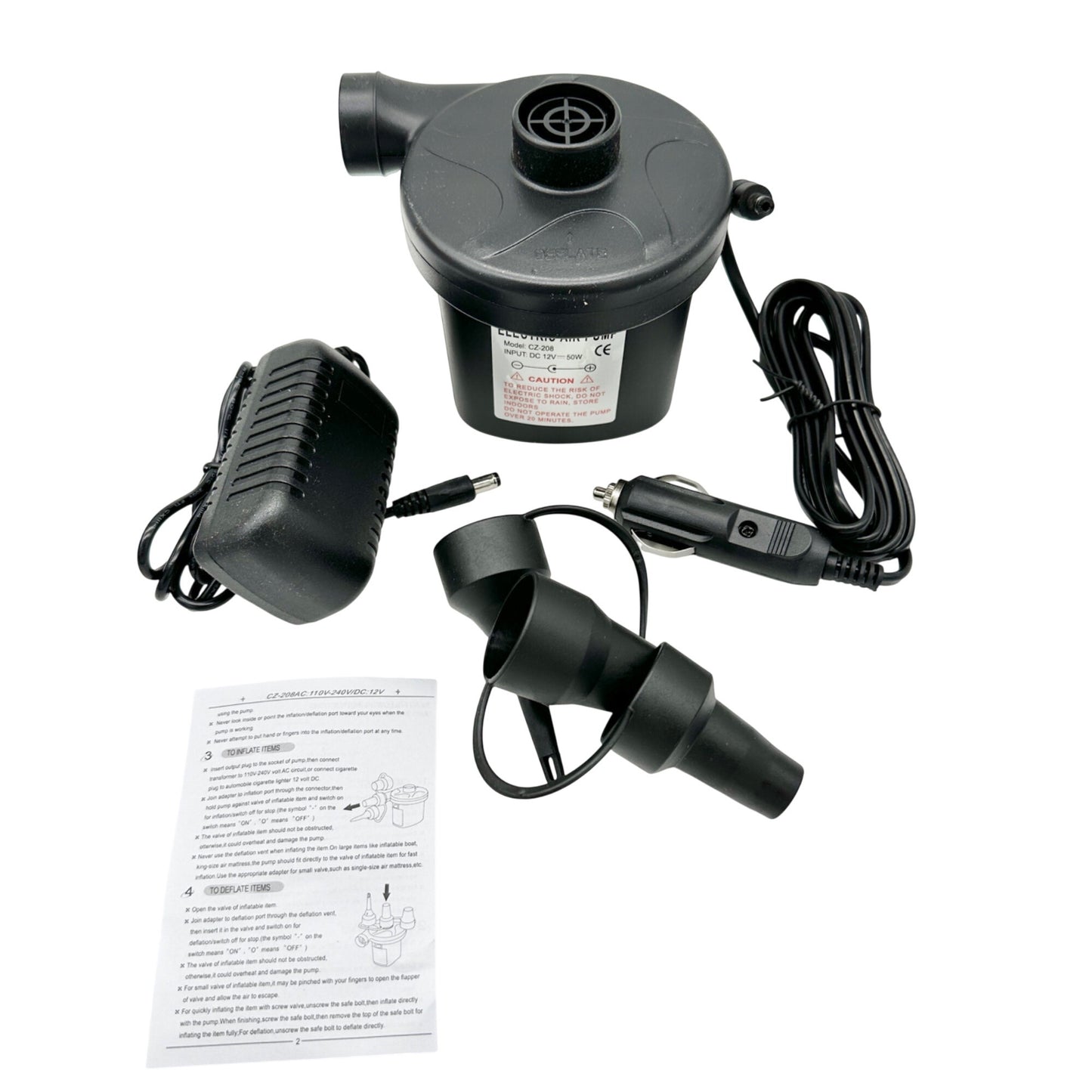 2 Way Electric Air Pump Inflator/Deflator CZ-208 3 Nozzles Adapters Lightweight
