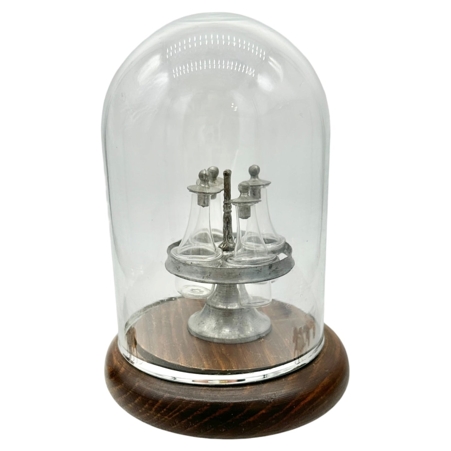 Antique Miniature Castor Set With Glass Cloche Dome and Wood Base