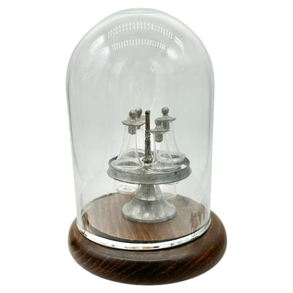 Antique Miniature Castor Set With Glass Cloche Dome and Wood Base