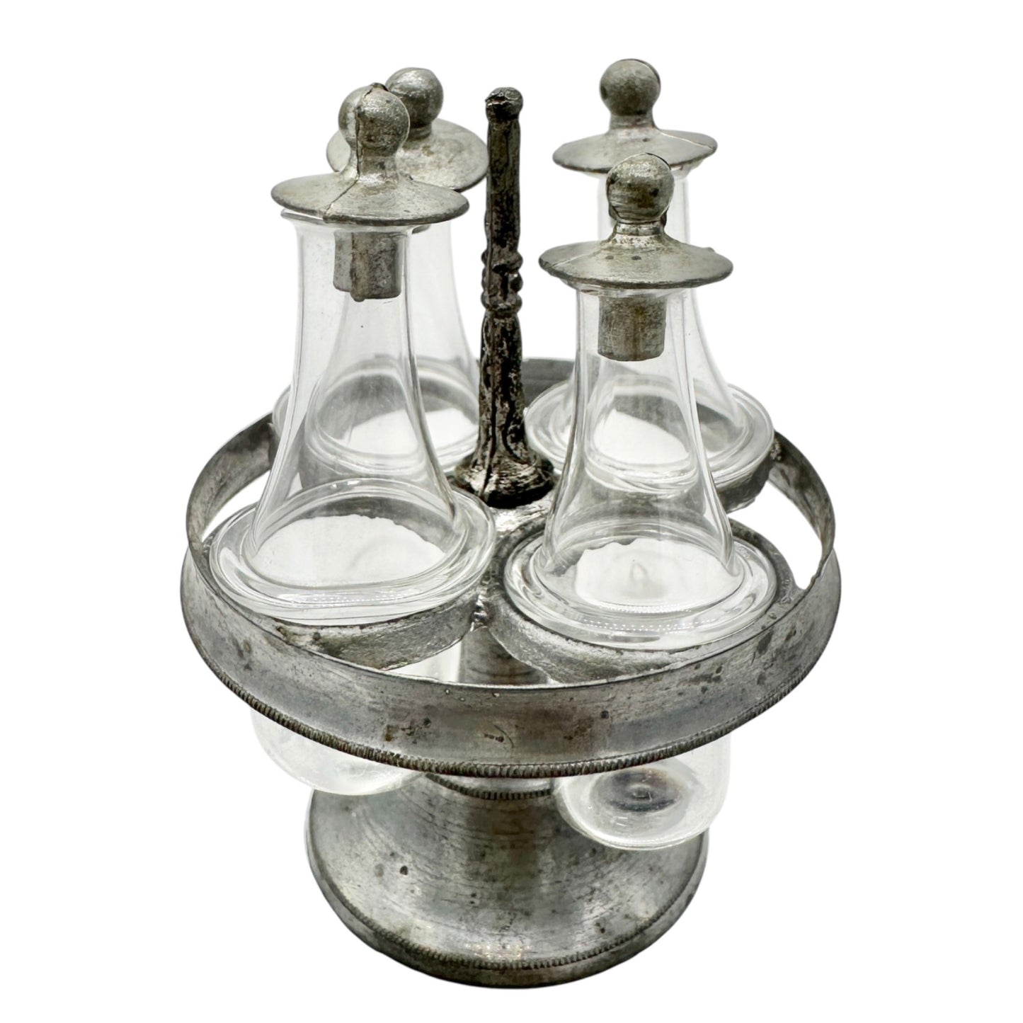 Antique Miniature Castor Set With Glass Cloche Dome and Wood Base