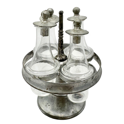 Antique Miniature Castor Set With Glass Cloche Dome and Wood Base
