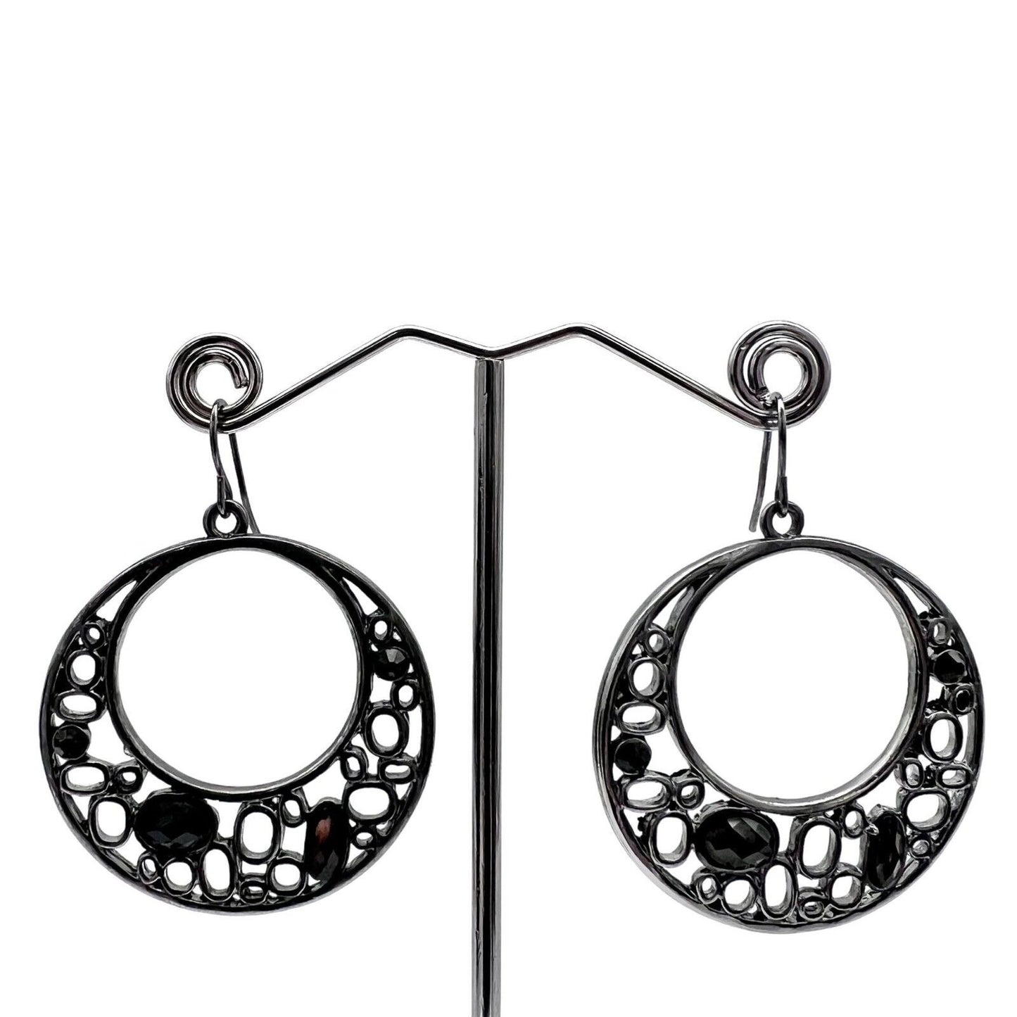 Earrings Pierced Drop Hoops Silver Tone Black Gems