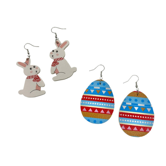 Two pairs Easter Earrings Bunny Rabbit w Red Scarf Easter Eggs Red Blue Yellow