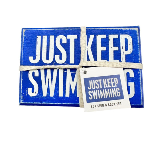 Primitives by Kathy Box Sign & Sock Set Sign 4.5 x3 inch Blue Just Keep Swimming