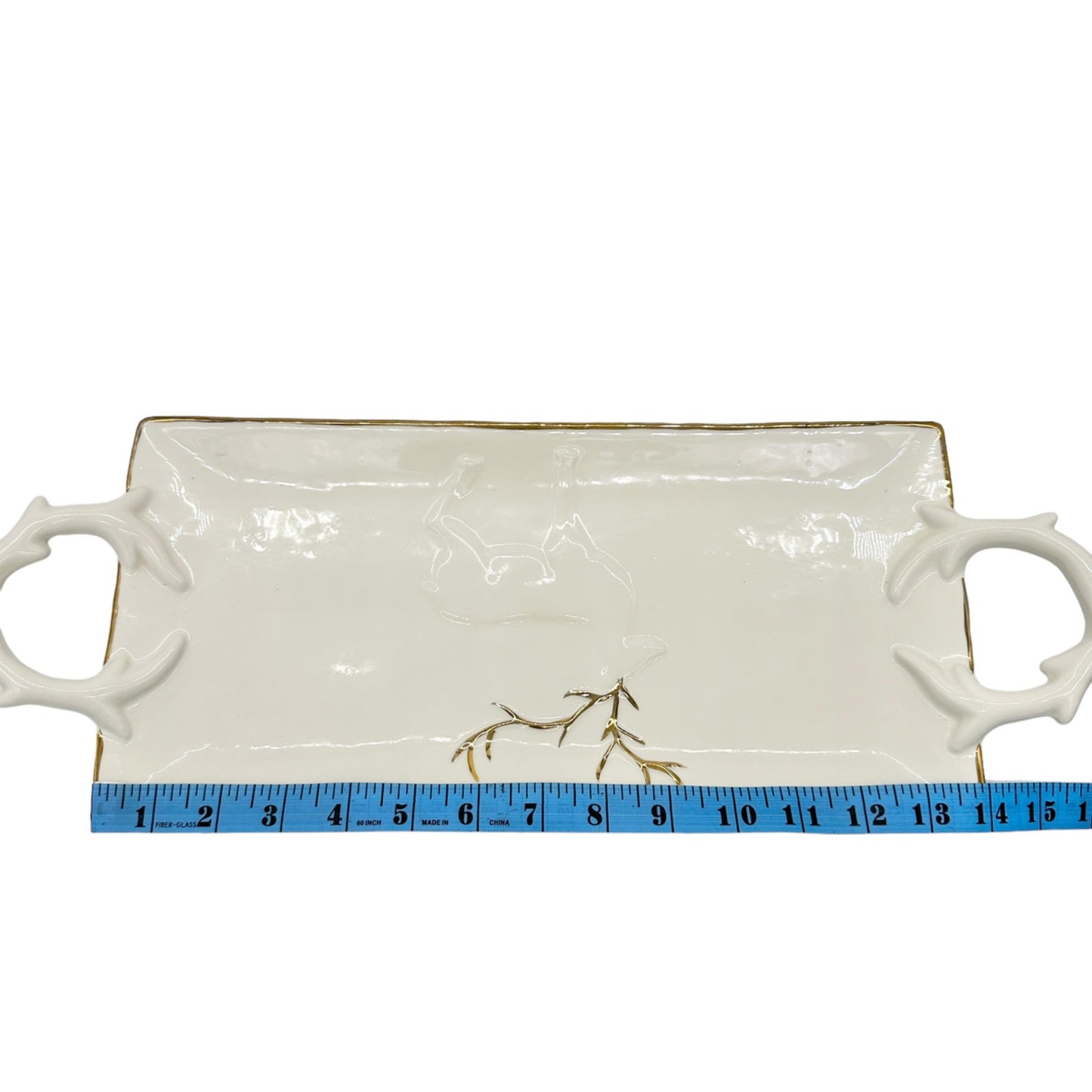 Magenta Serving Tray With Antler Handles Deer Accent Ceramic White Gold