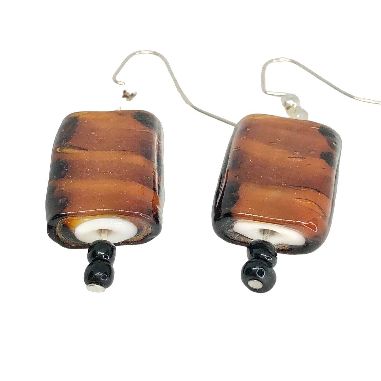 Handcrafted Beaded Earrings Brown & Black Glass Beads Silver Hooks Jewelry NEW