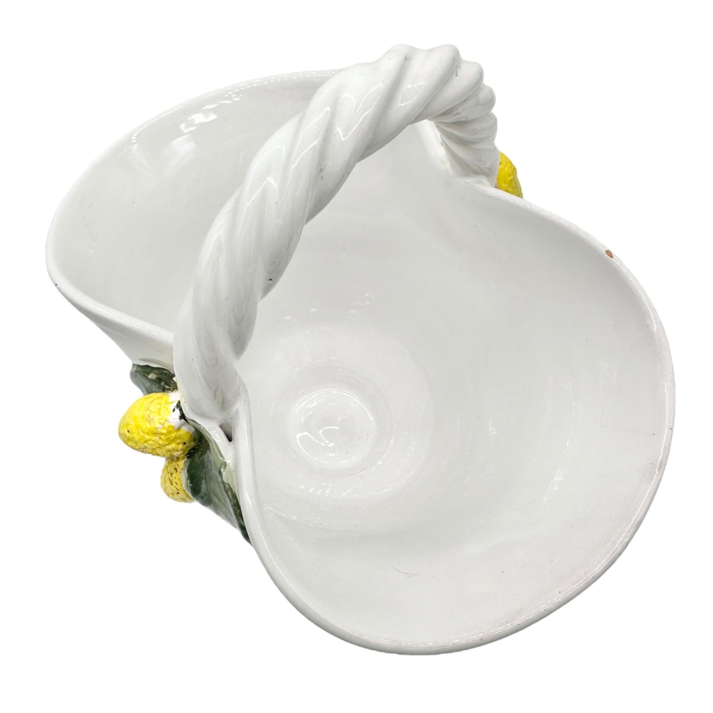 Handmade Ceramic Pottery Basket White with Lemon Leaf Design Vallauris France