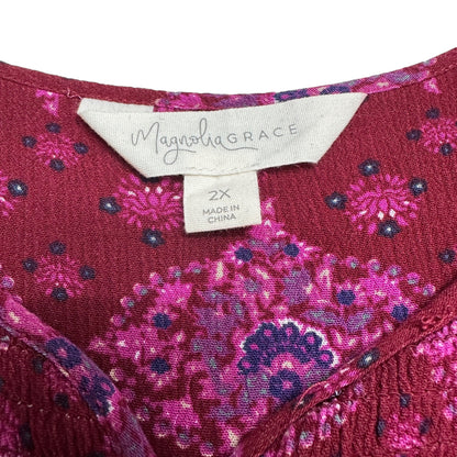 Magnolia Grace Top Womens 2X Sleeveless Floral Print Red Pink Rayon