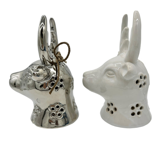 Set of 2 Reindeer Heads 1 Silver 1 White Ceramic 6in Tall x 3in Wide