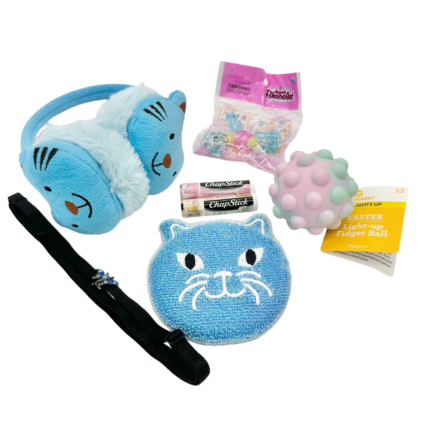 Easter Basket Bundle 7pc Girls Kitty Cat Blue Earmuffs Scrubber Activity Ball Bracelet and More