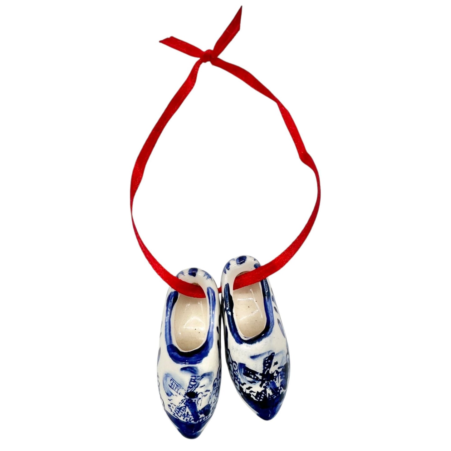 Miniature Delft Style Porcelain Clogs With Windmill Floral Design On Red Ribbon
